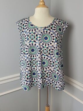 MERONA Blue Green Mandala Retro Print Career Casual Sleeveless Scoop Neck Top L